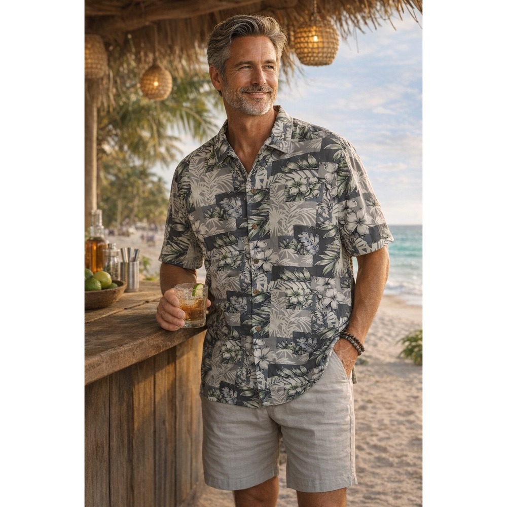 Tommy Bahama Heritage Tortola Silk Original Fit Gray Green Tropical Print XL